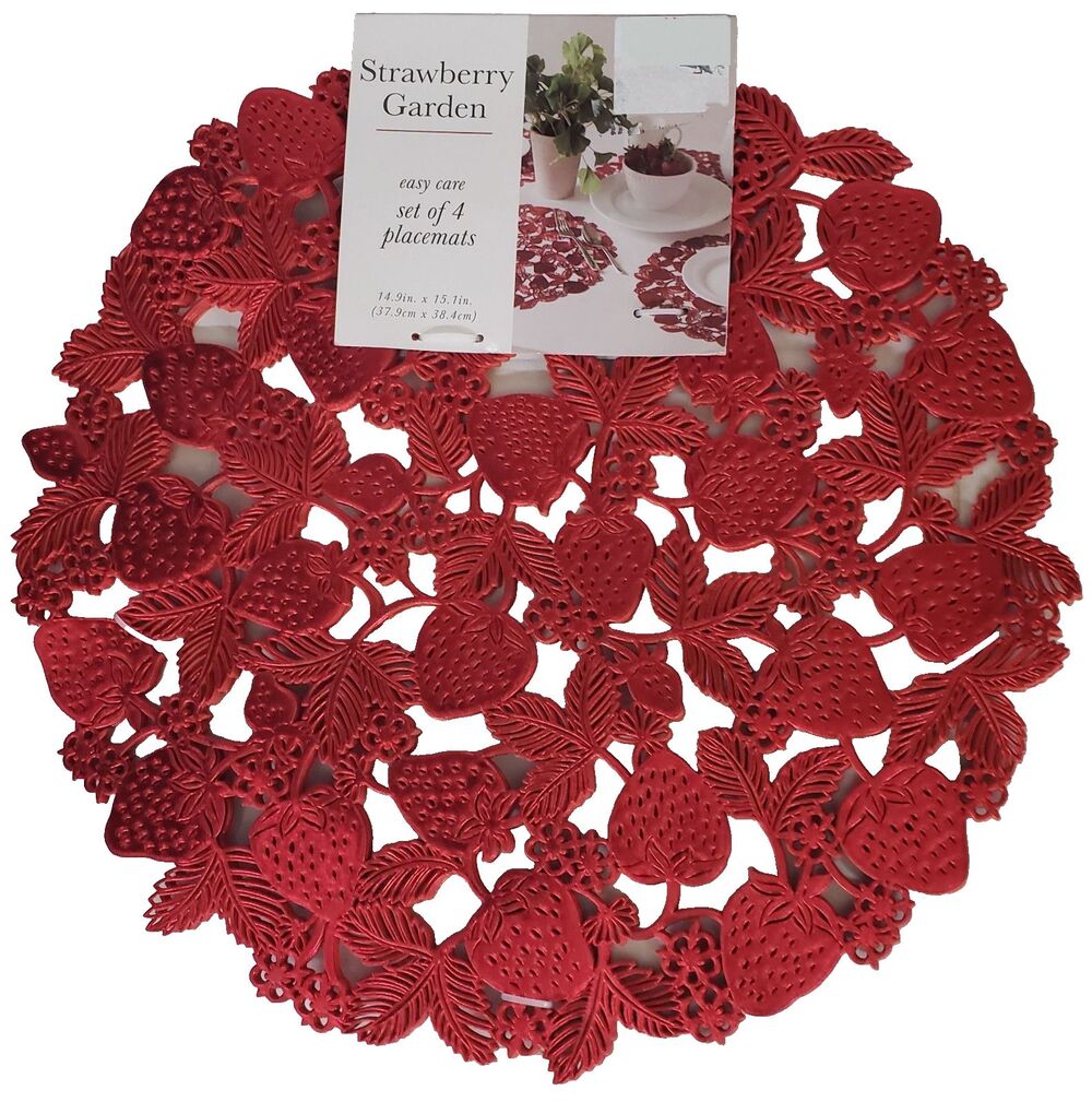 Set of 4 Same Vinyl In/Outdoor Placemats (15") RED STRAWBERRIES GARDEN, BM